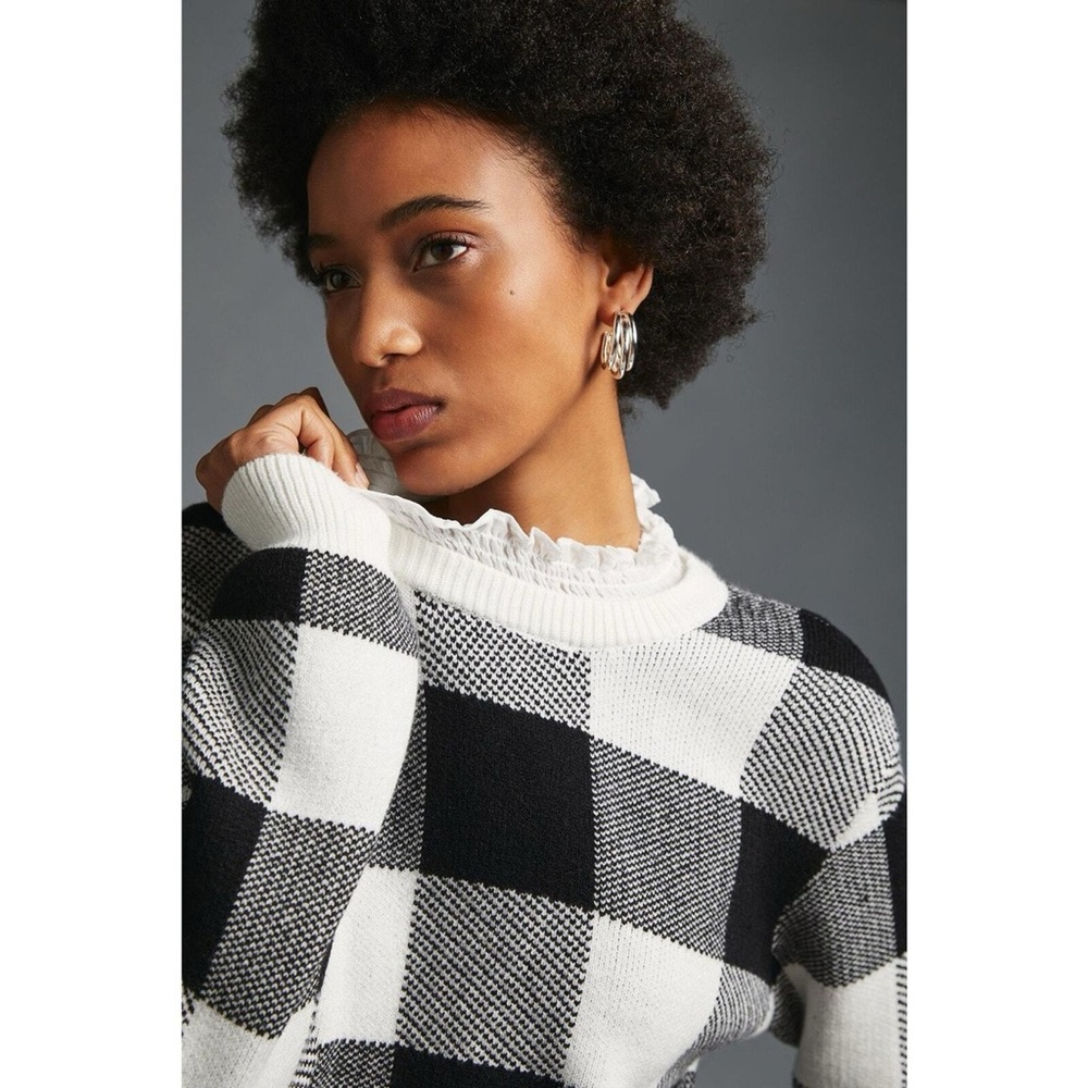 Anthropologie | Plaid Ruffle Collar Pullover Sweater Black White Women’s Size L - Picture 3 of 14